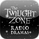 Slika prikazuje logotip Zone sumraka sa stiliziranim tekstom The Twilight Zone Radio Dramas na sivo crnoj tamnoj podlozi